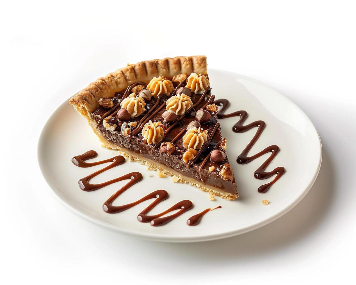 a piece of pie with chocolate and nuts on it photo