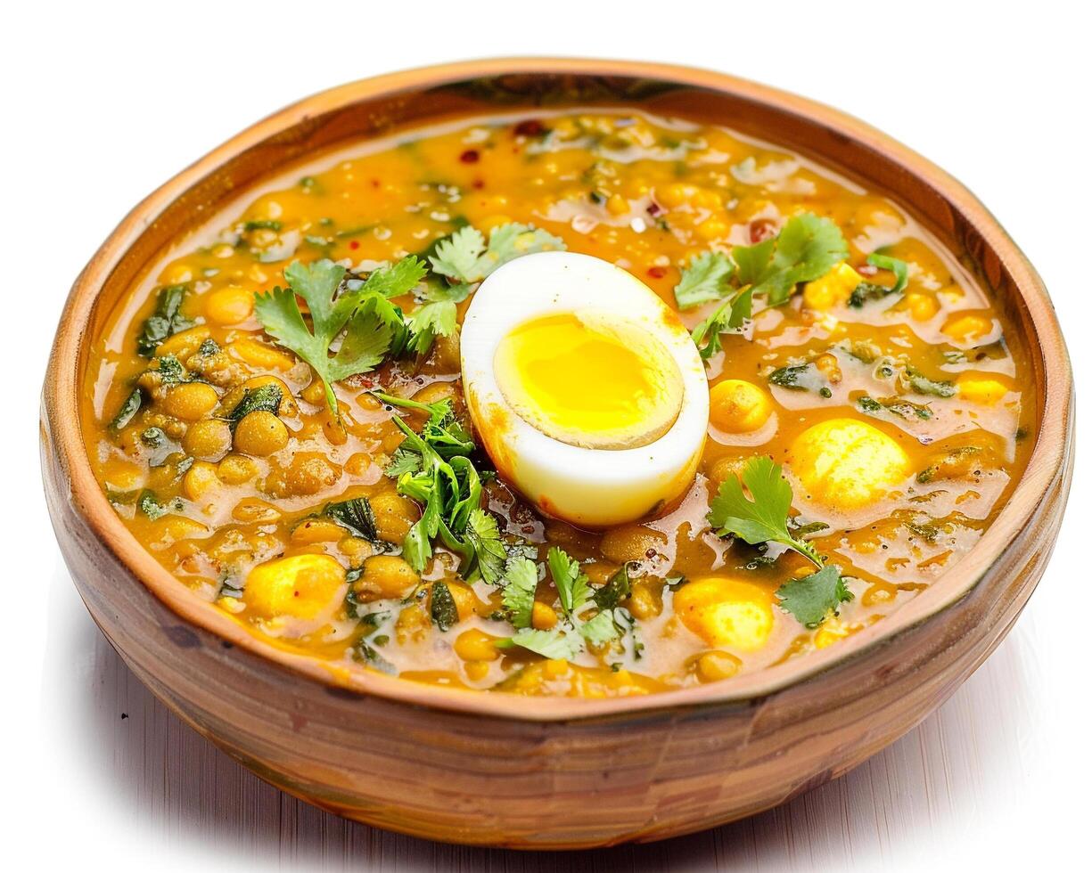 a bowl of soup with an egg in it photo