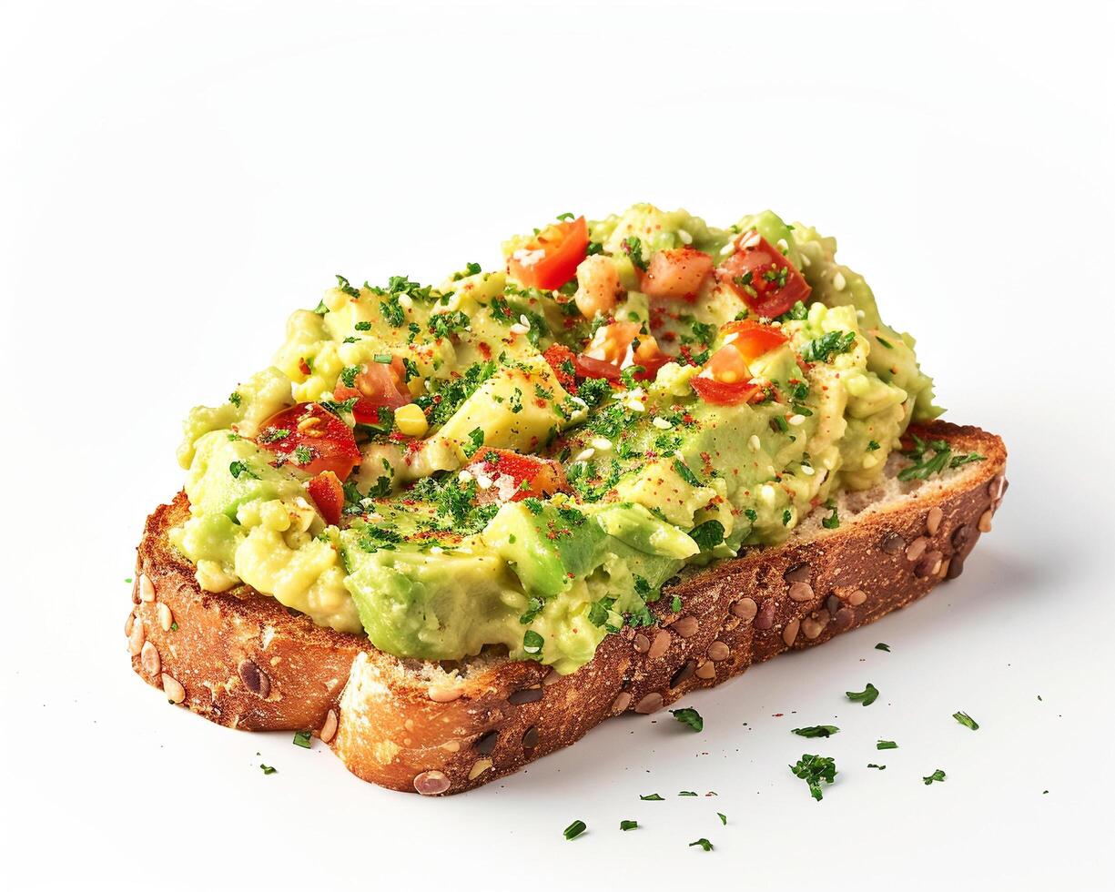 avocado toast with tomato, onion, and herbs photo