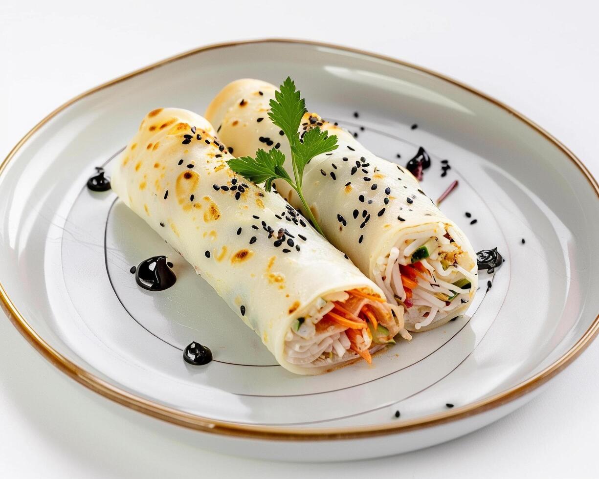 two rolls with vegetables and sesame seeds on a white plate photo