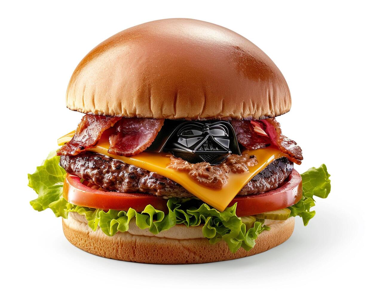 a hamburger with bacon, cheese and lettuce photo
