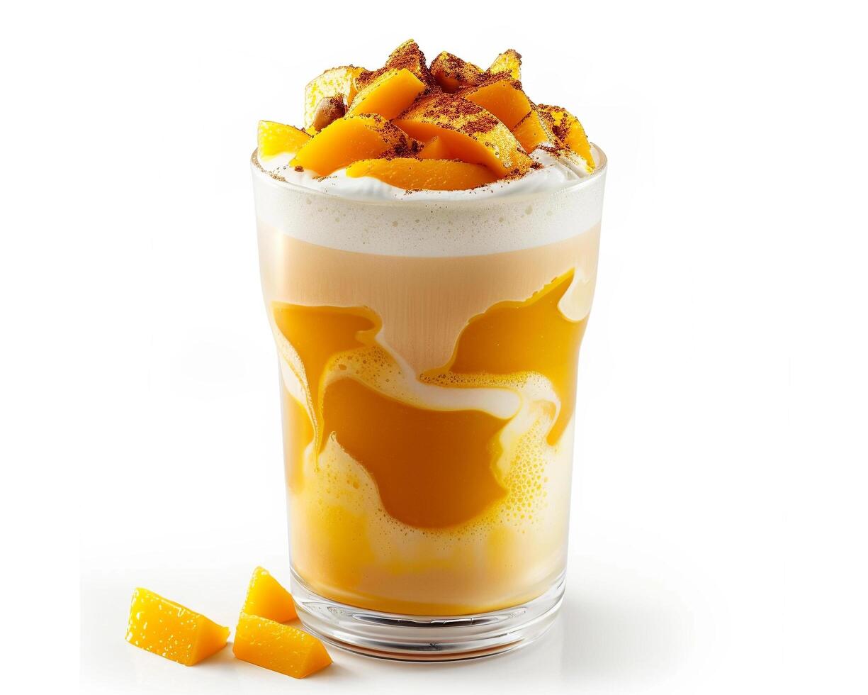 a glass of orange juice with a slice of mango photo