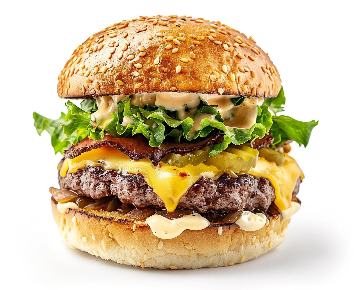 a large hamburger with cheese and bacon photo
