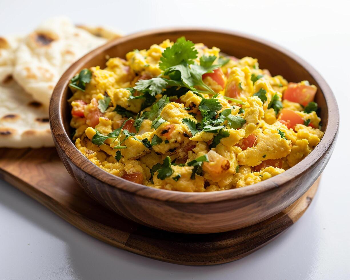 scrambled eggs with tomato and coriander photo