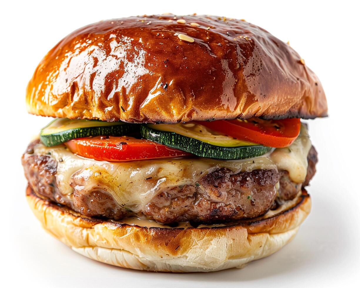 a hamburger with cheese, tomatoes, and cucumbers photo