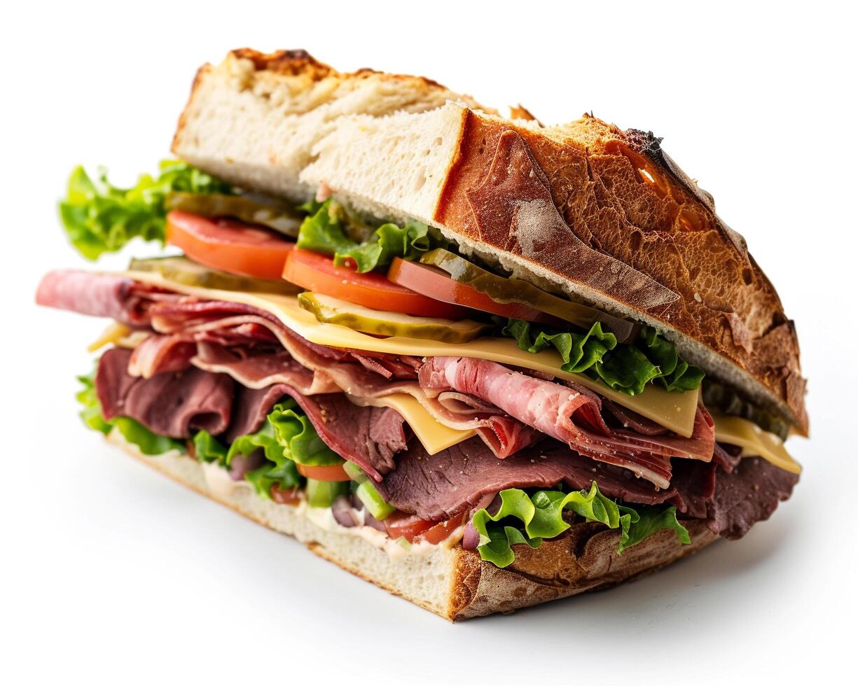 a large sandwich with meat, cheese and lettuce photo