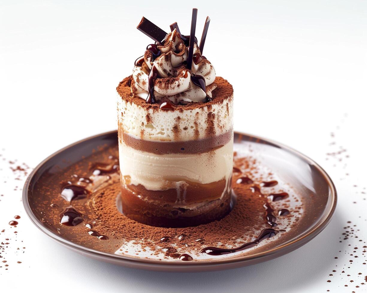 a dessert with chocolate and whipped cream on top photo