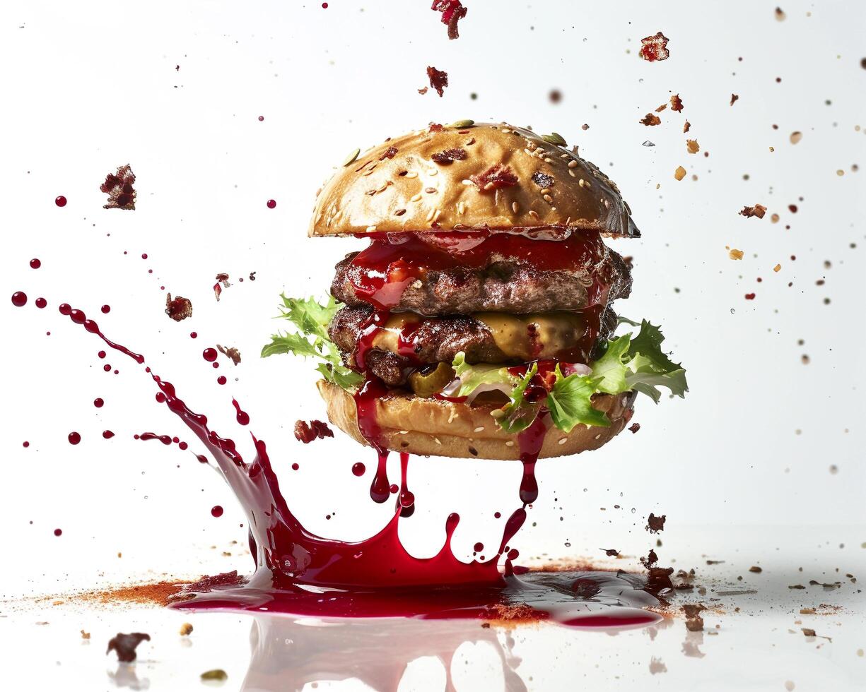 a hamburger is being splashed with red liquid photo