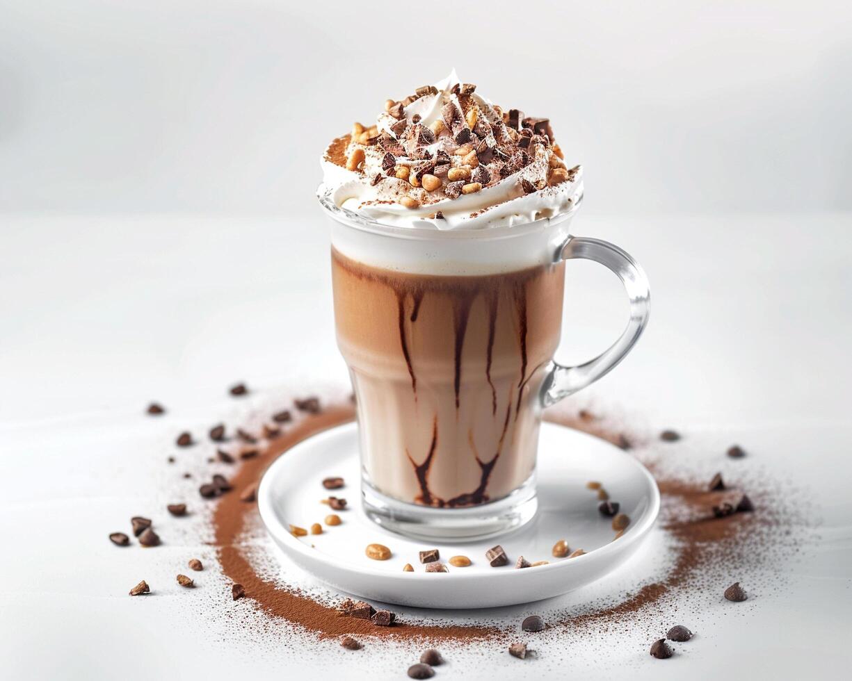 a coffee drink with whipped cream and chocolate chips photo