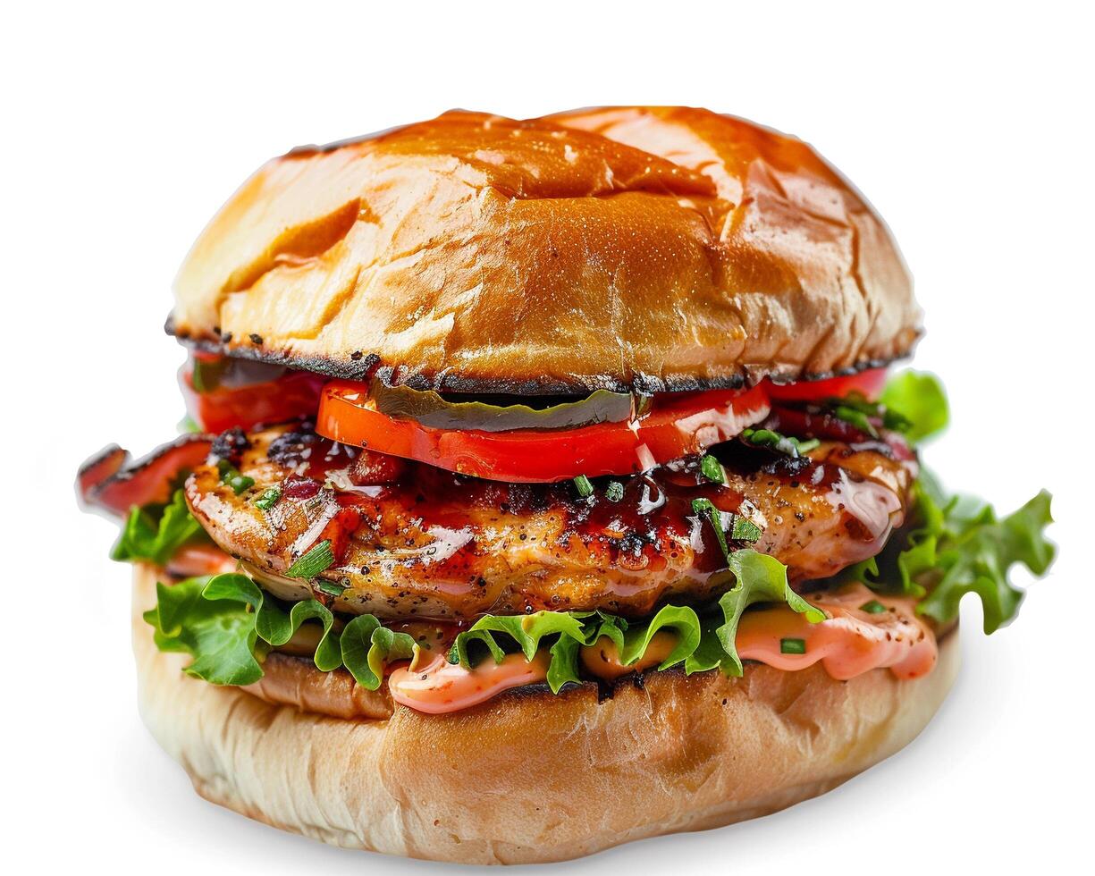 a burger with lettuce, tomatoes, and bacon photo