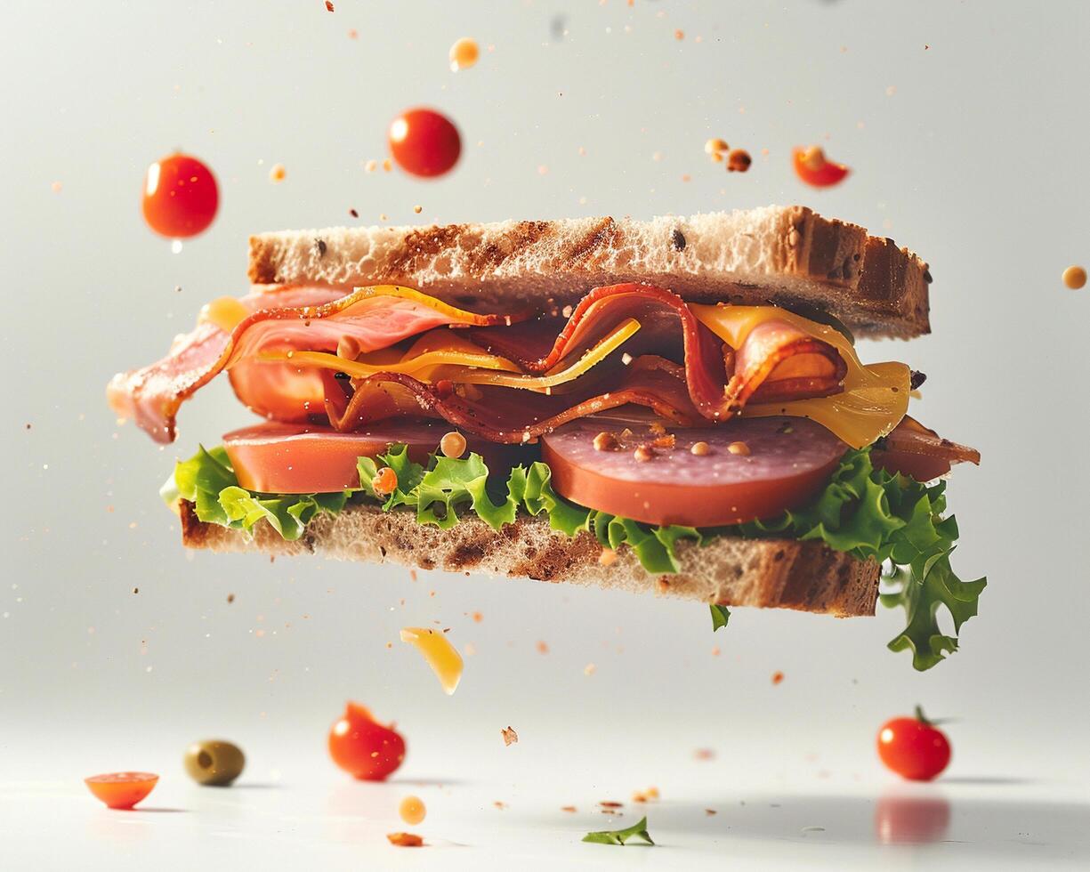 a sandwich with bacon, lettuce and tomatoes photo