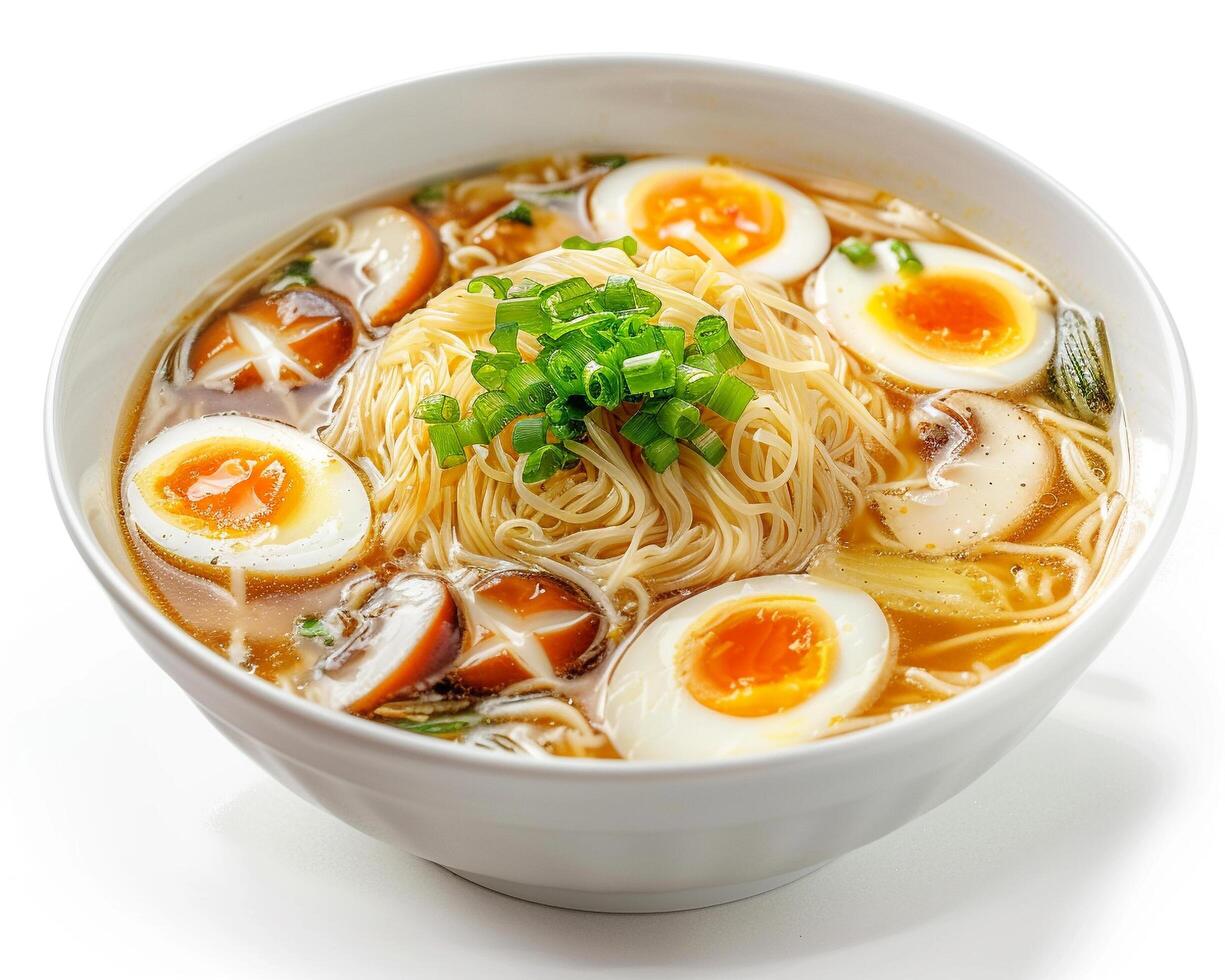 a bowl of ramen with eggs and mushrooms photo