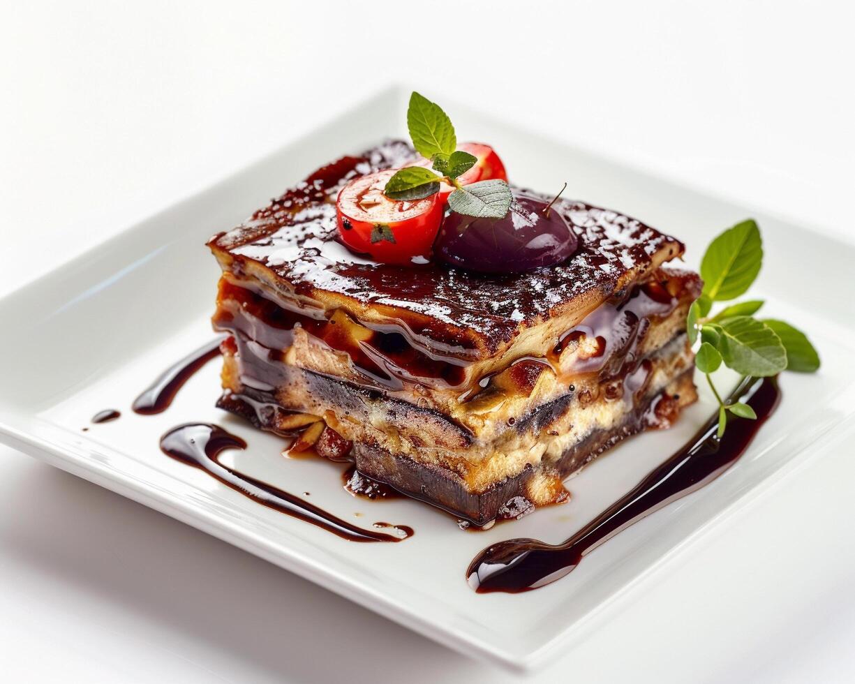 a piece of cake with chocolate sauce and cherry on top photo