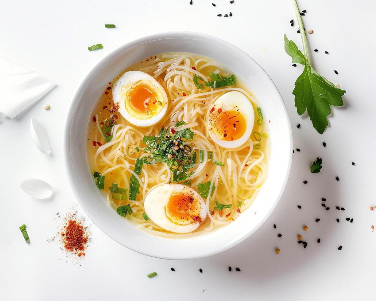 chicken noodle soup with hard boiled eggs and sesame seeds photo