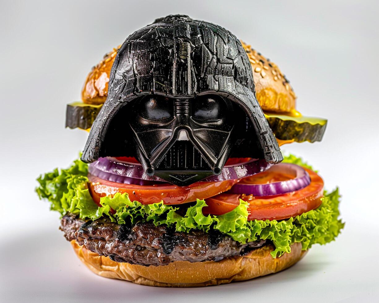 a hamburger with a darth vader helmet on top photo