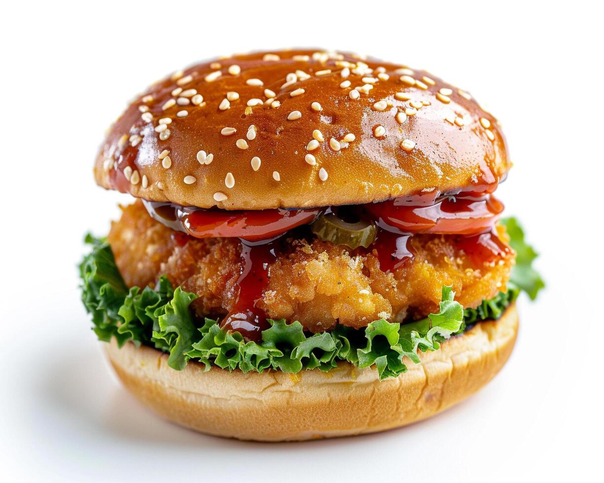 a close up of a burger with ketchup and lettuce photo