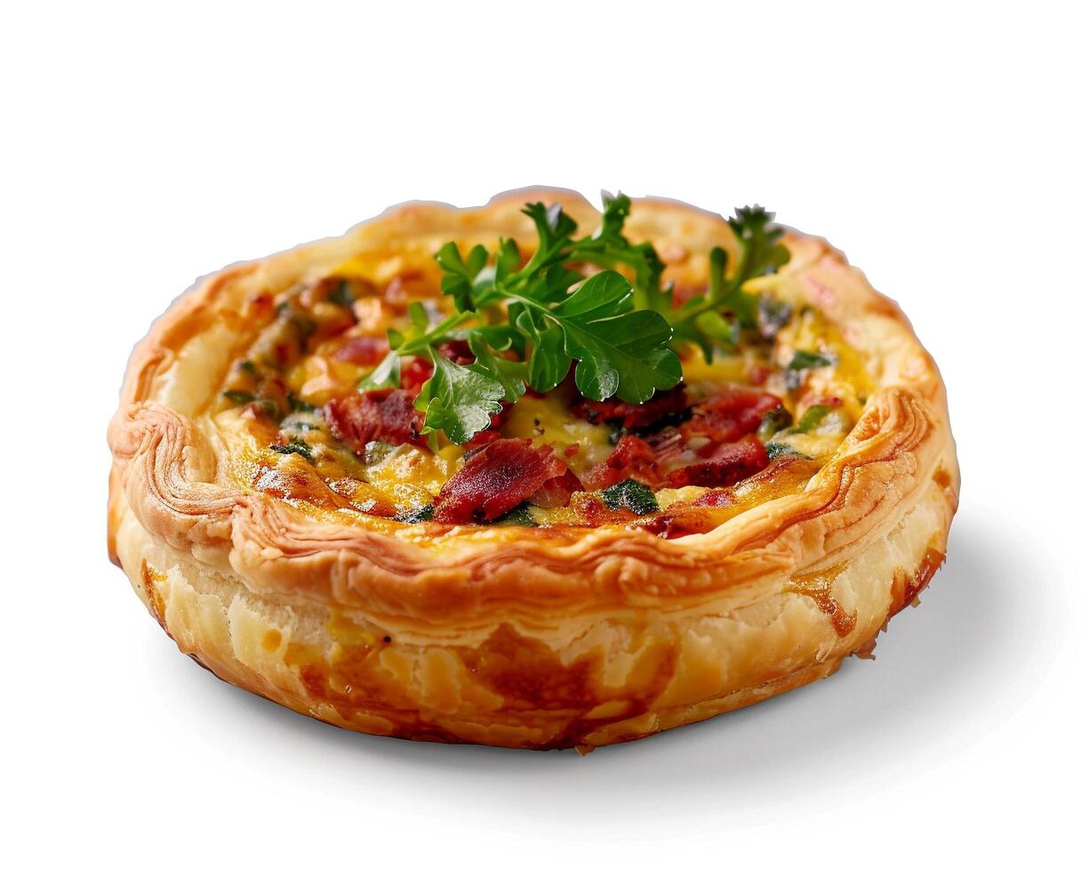 a quiche with bacon and cheese on top photo