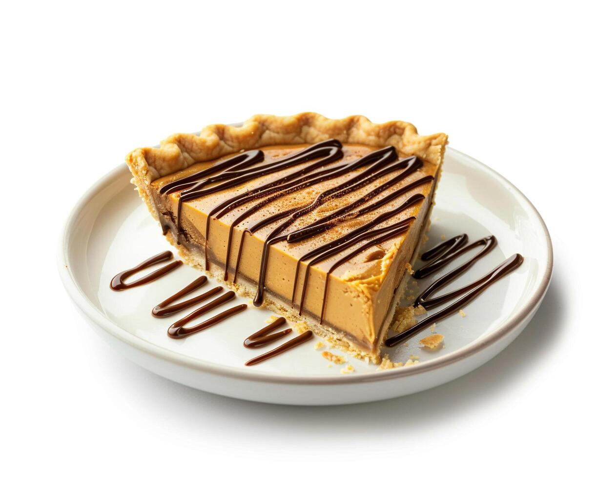 a slice of pumpkin pie with chocolate drizzle photo