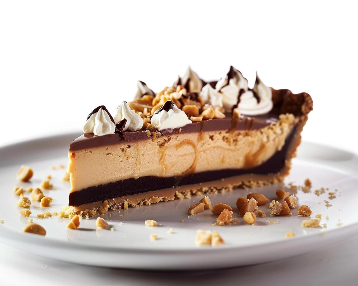 a piece of chocolate peanut butter pie on a plate photo