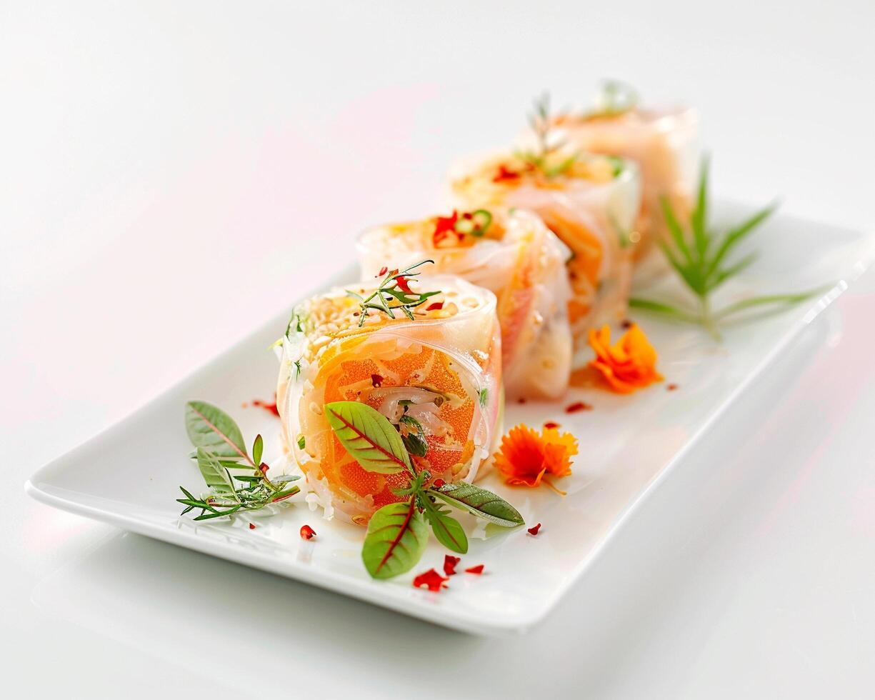 a plate with a roll of sushi on it photo