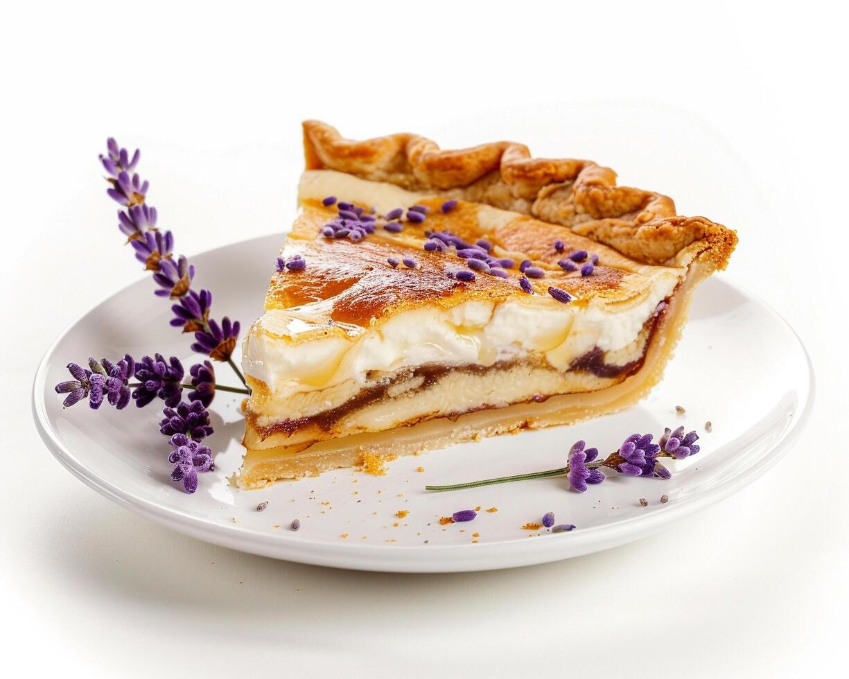 a piece of pie on a plate with lavender flowers photo