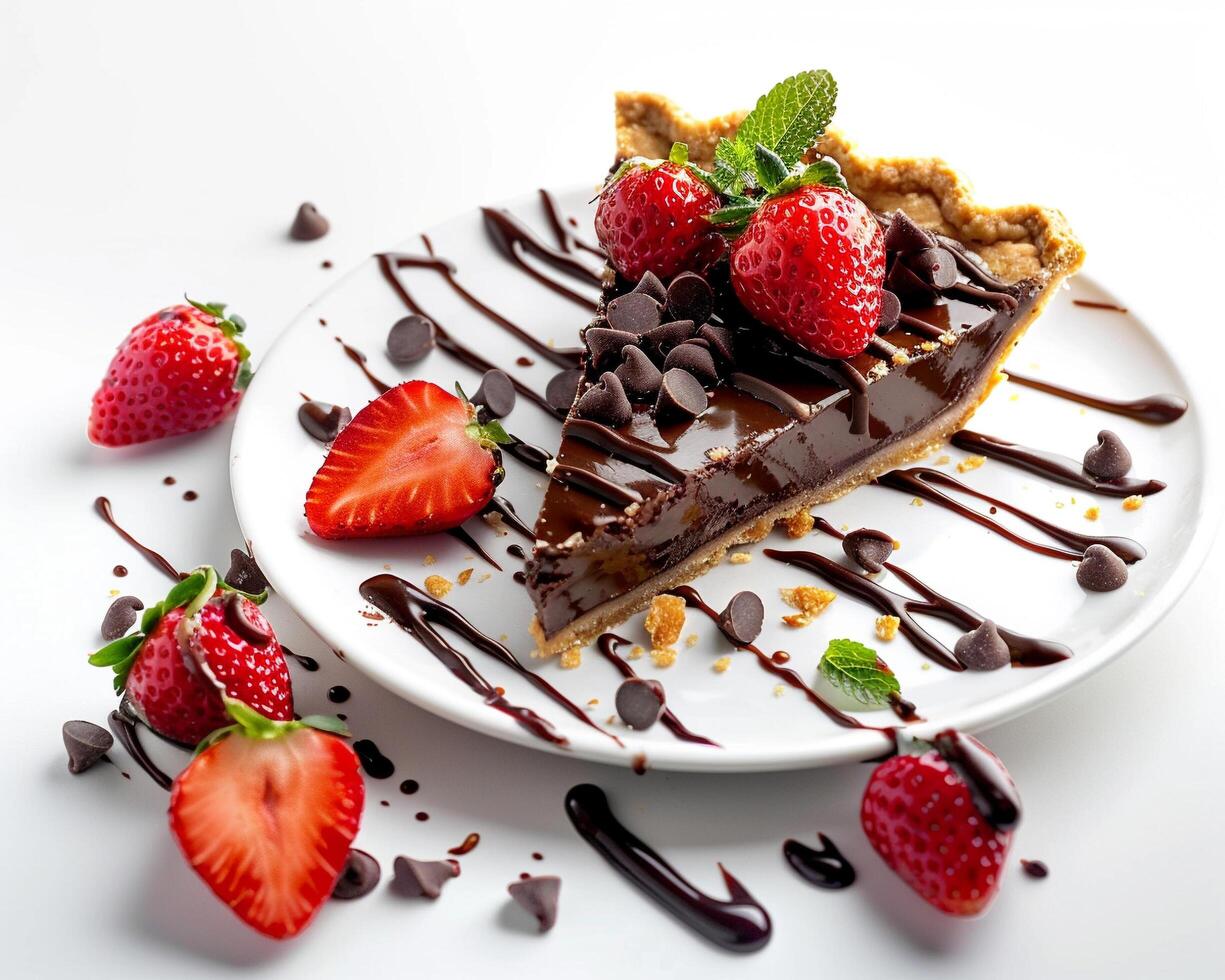a piece of chocolate pie with strawberries and chocolate drizzle photo