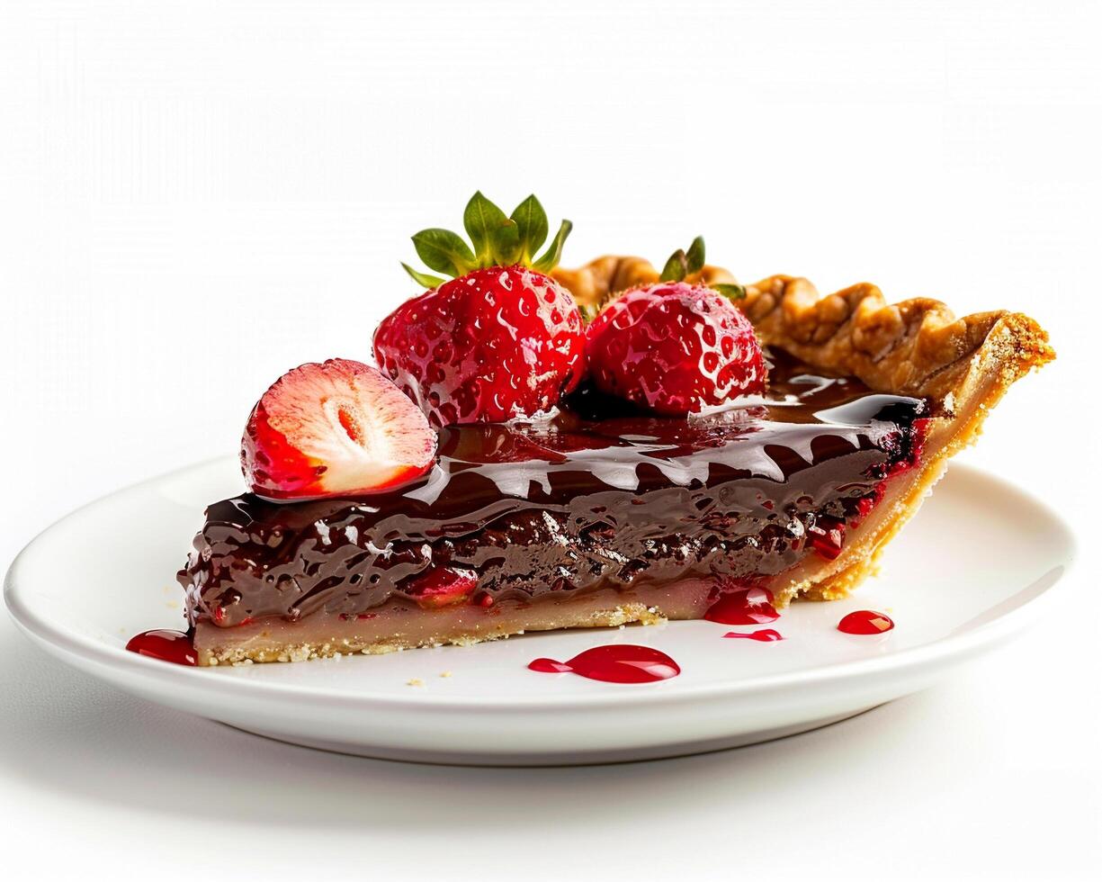 a piece of chocolate pie with strawberries on a plate photo