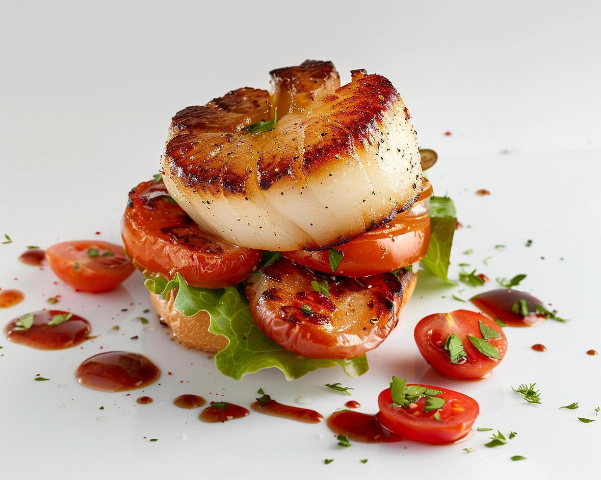 a plate with a grilled scallop topped with tomatoes and herbs photo