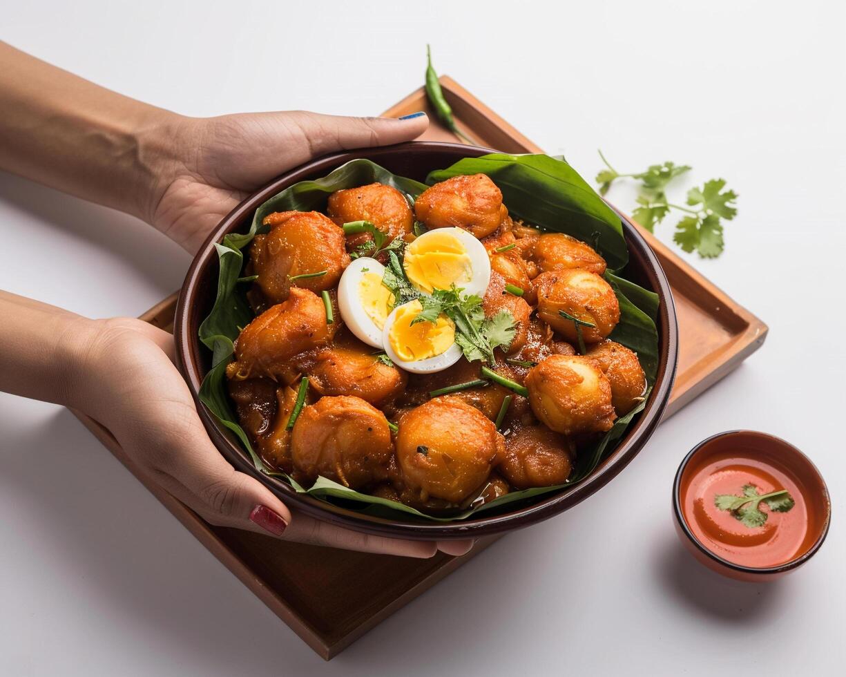 fried chicken with fried egg and sauce on white background photo