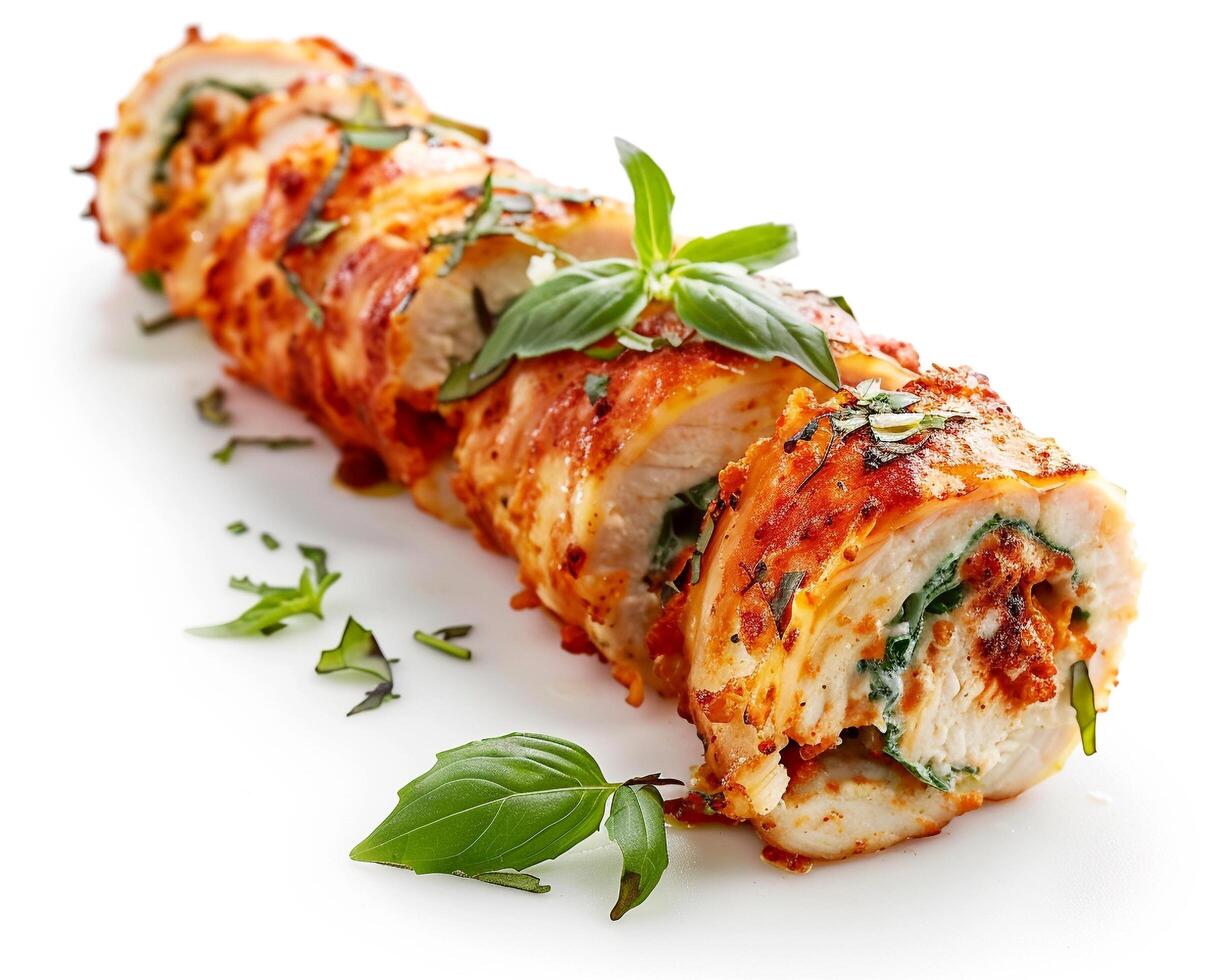 a chicken stuffed roll with basil leaves photo