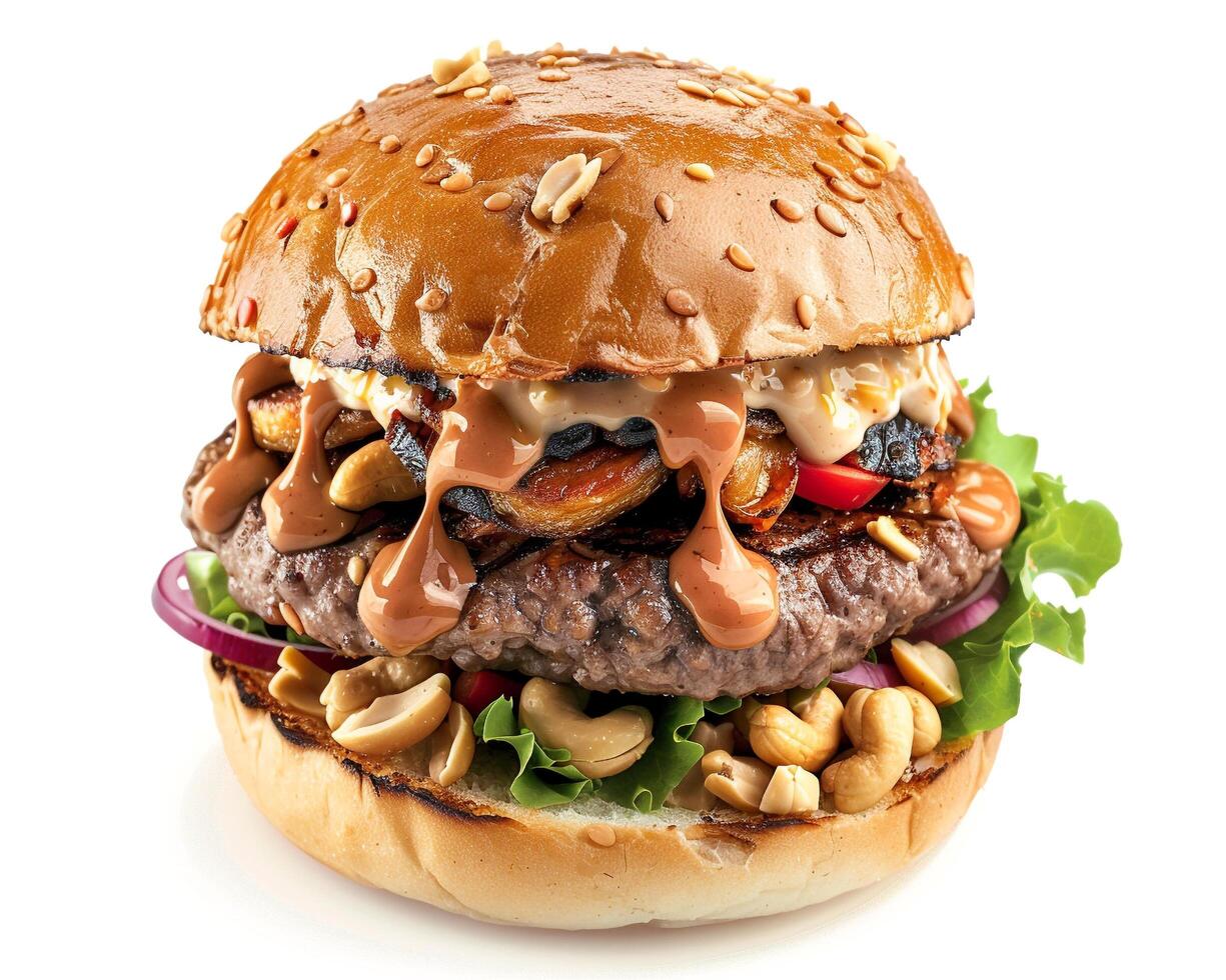 a hamburger with nuts and vegetables on it photo