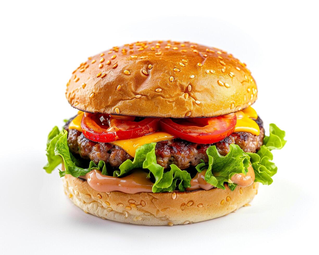 a hamburger with cheese, lettuce, tomato, and ketchup photo