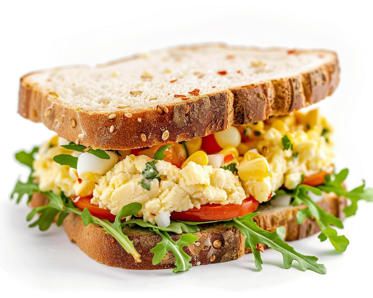 a sandwich with egg salad and tomatoes photo