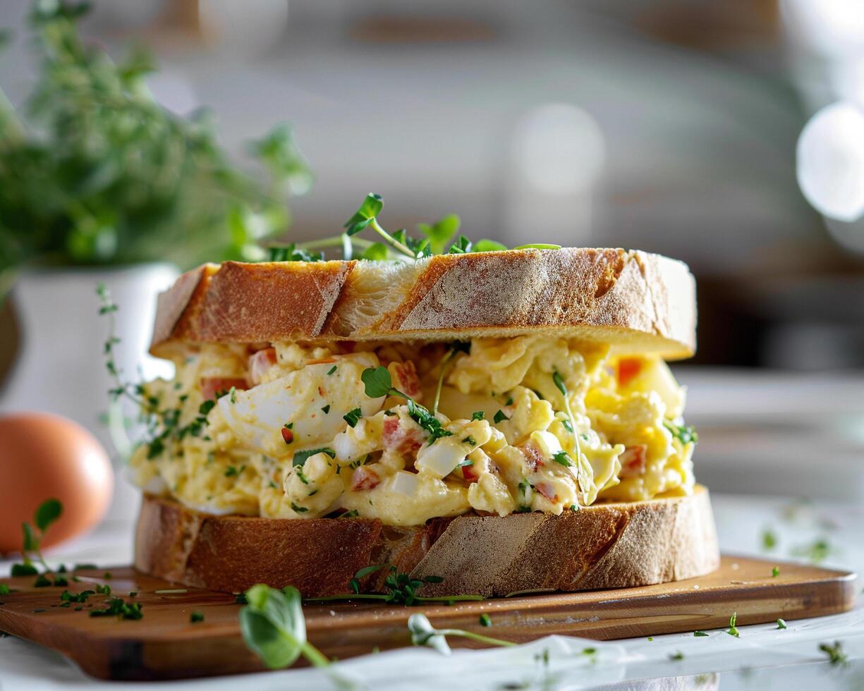 a sandwich with eggs, ham and cheese on a cutting board photo