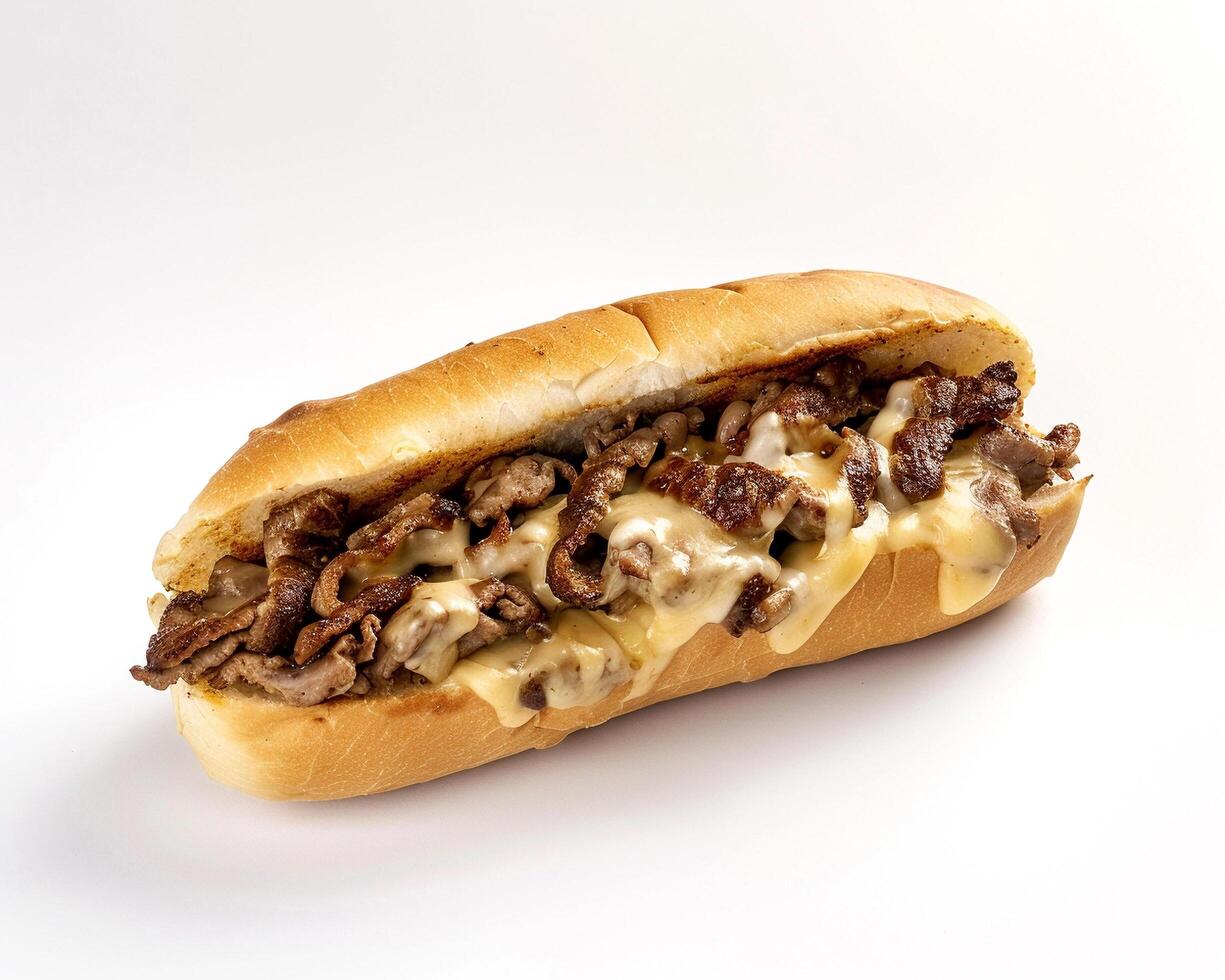 a sandwich with meat and cheese on a white surface photo