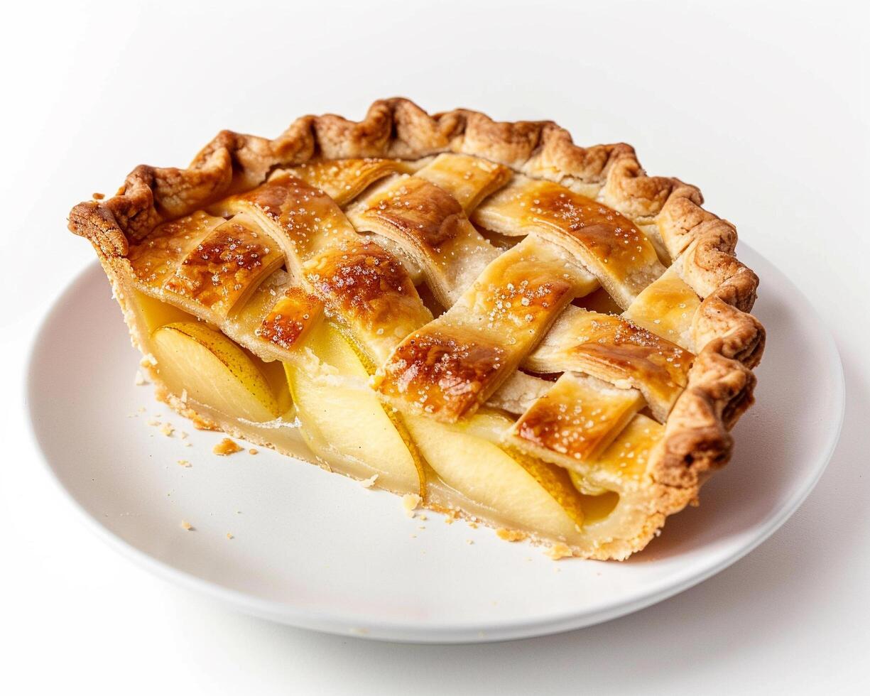 a slice of apple pie on a white plate photo