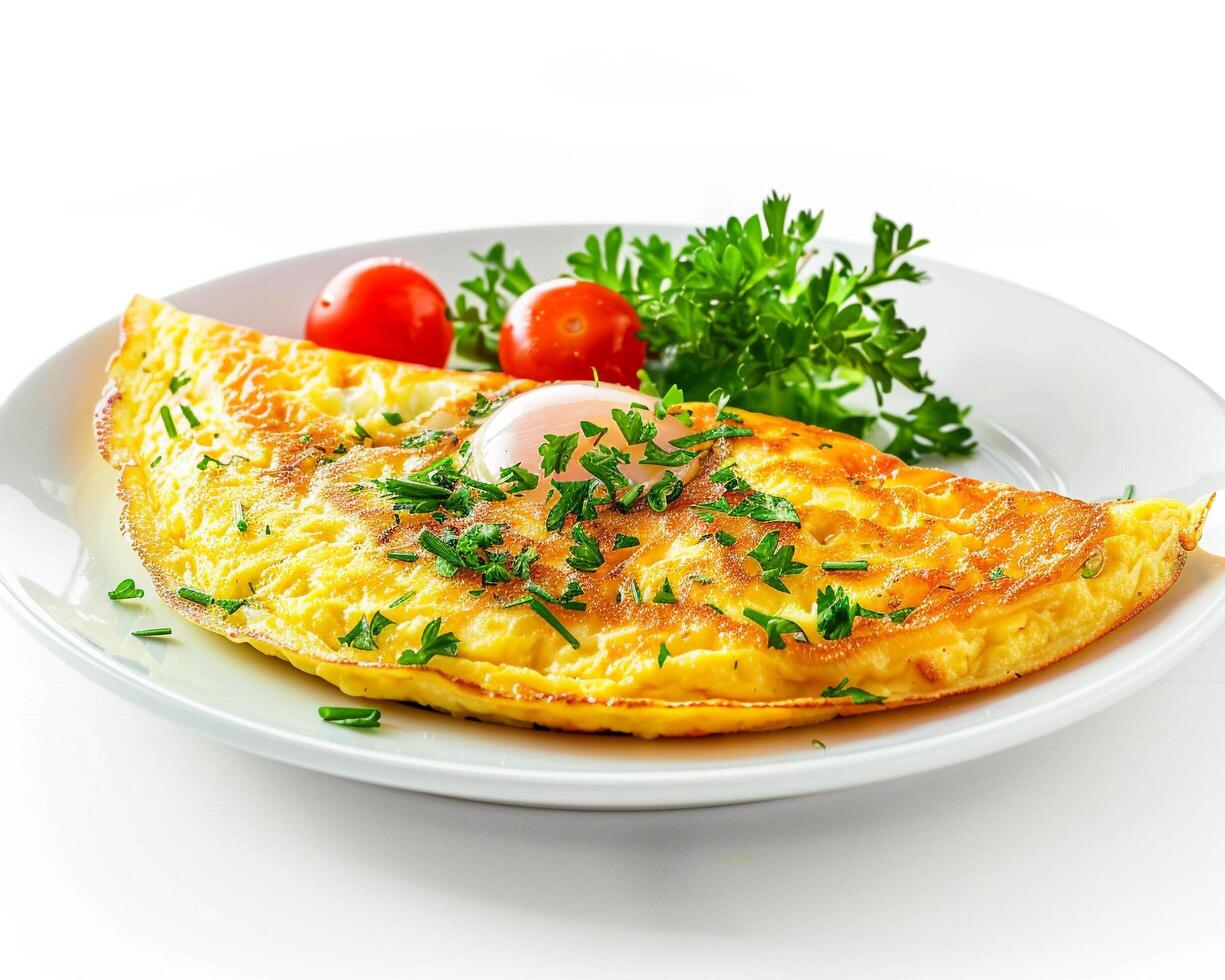 a plate of omelet with a cherry on top photo