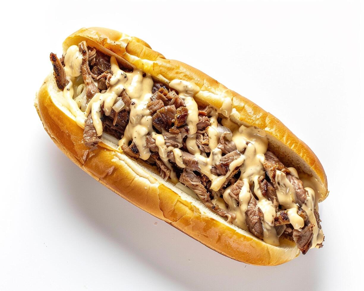 a sandwich with meat and cheese on a white surface photo
