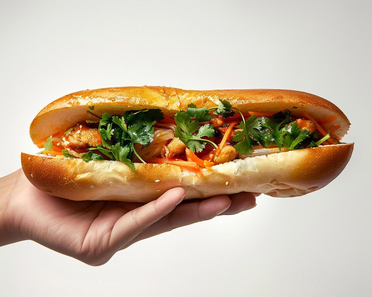 a person holding a sandwich photo