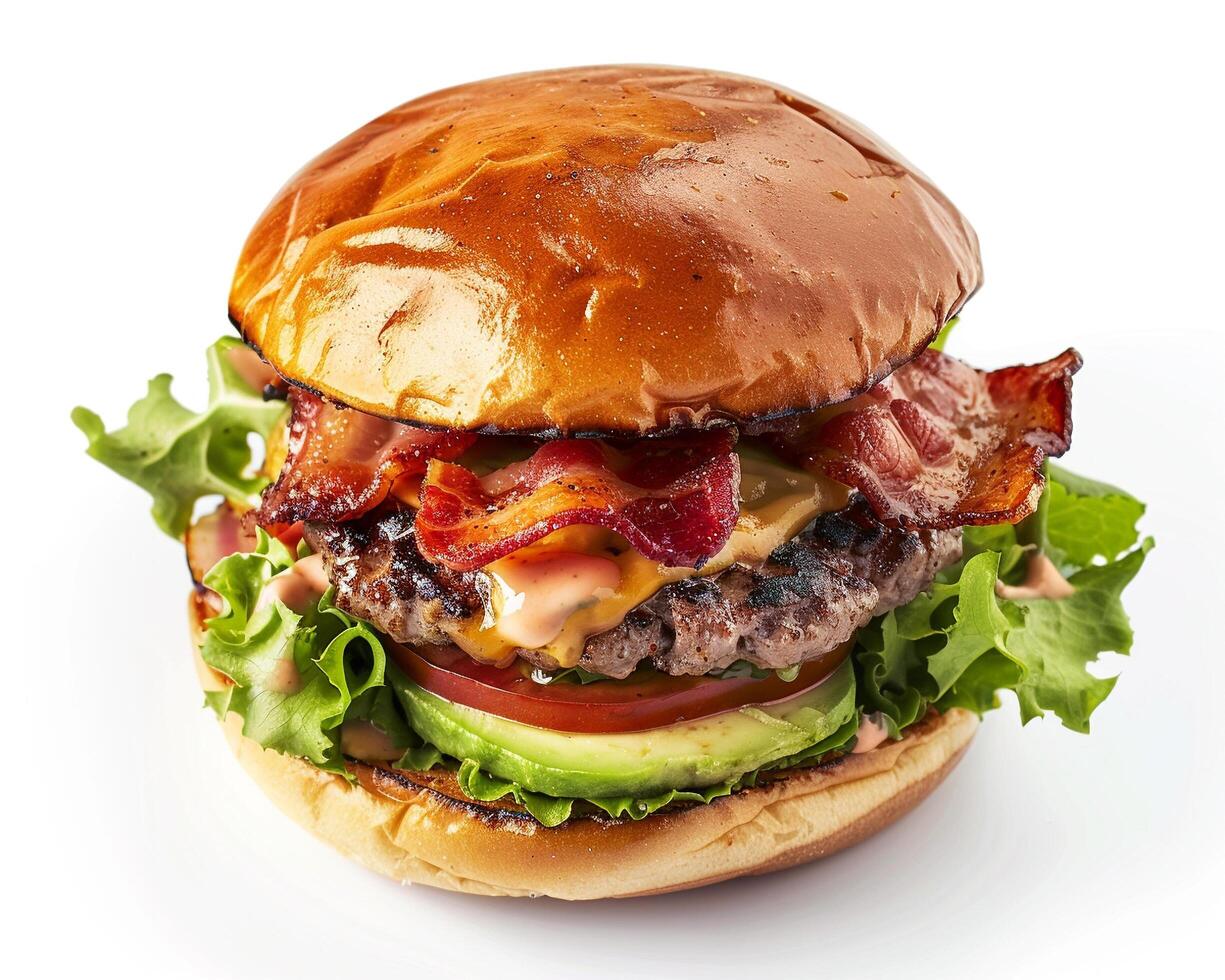 a hamburger with bacon, lettuce and tomato photo