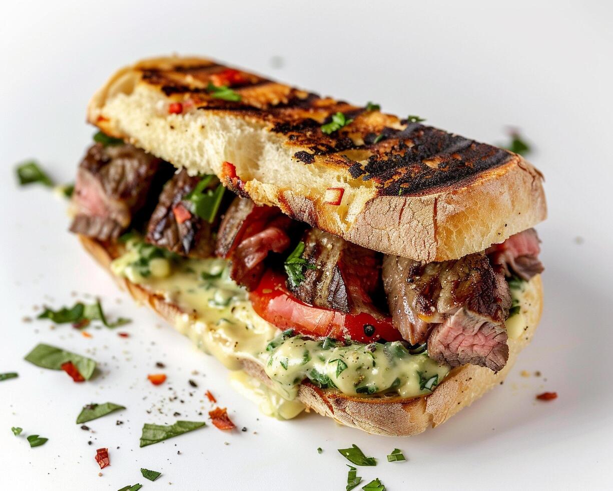 a grilled steak sandwich with cheese and herbs photo