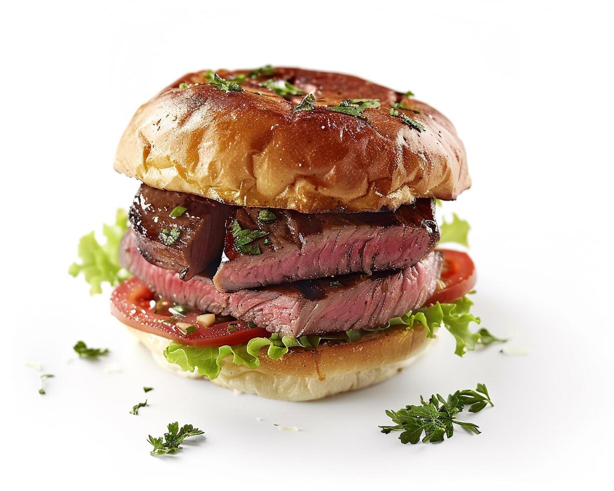 a beef burger with lettuce and tomatoes on a white background photo