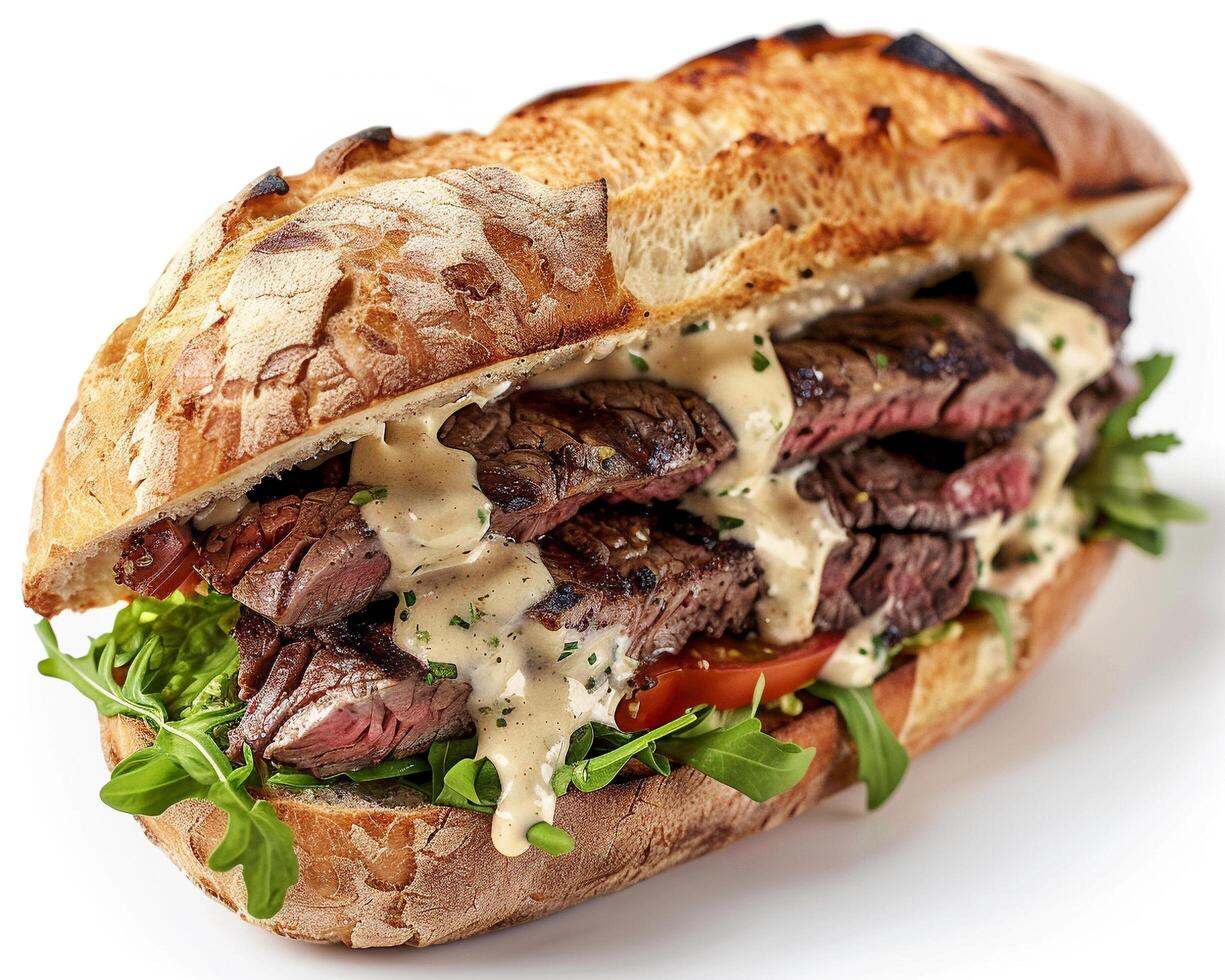a steak sandwich with a creamy sauce on it photo