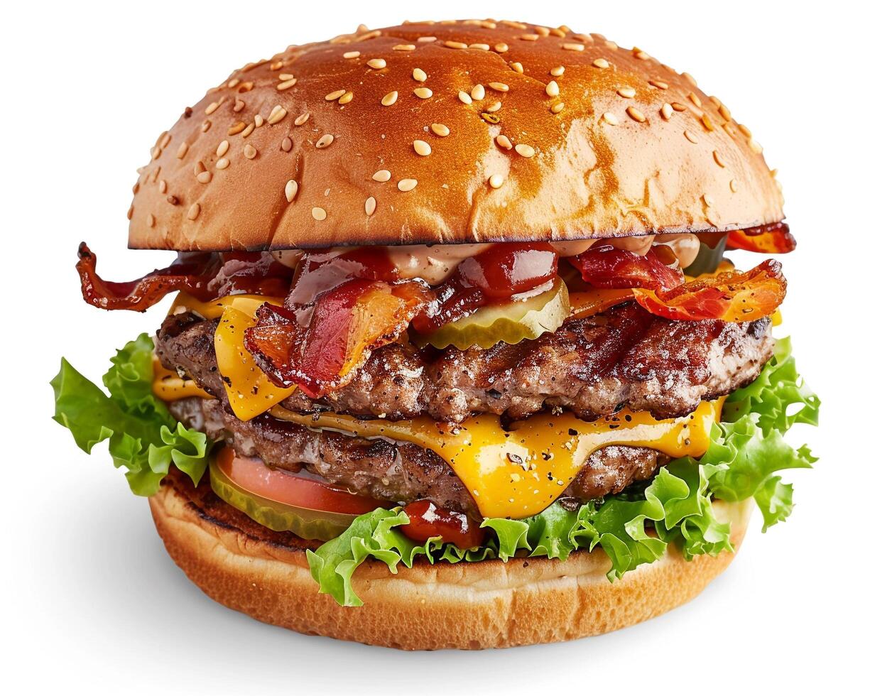 a large hamburger with bacon, lettuce and cheese photo
