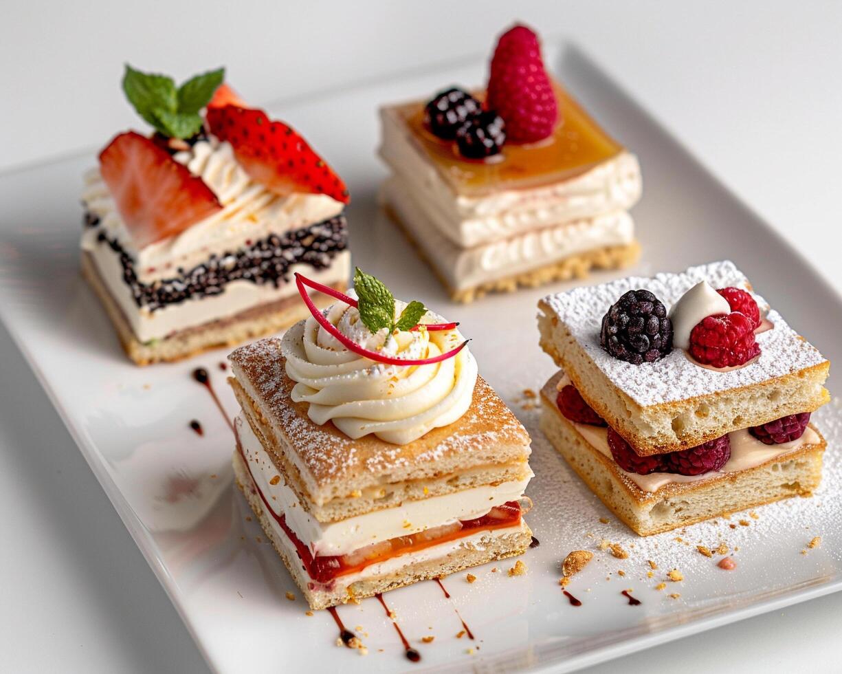 a white plate topped with four different types of desserts photo