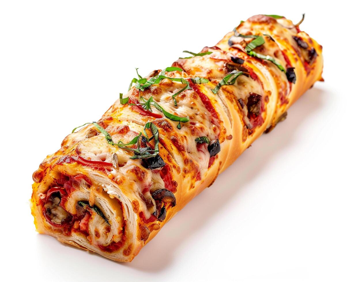 a long roll of pizza with cheese and vegetables photo