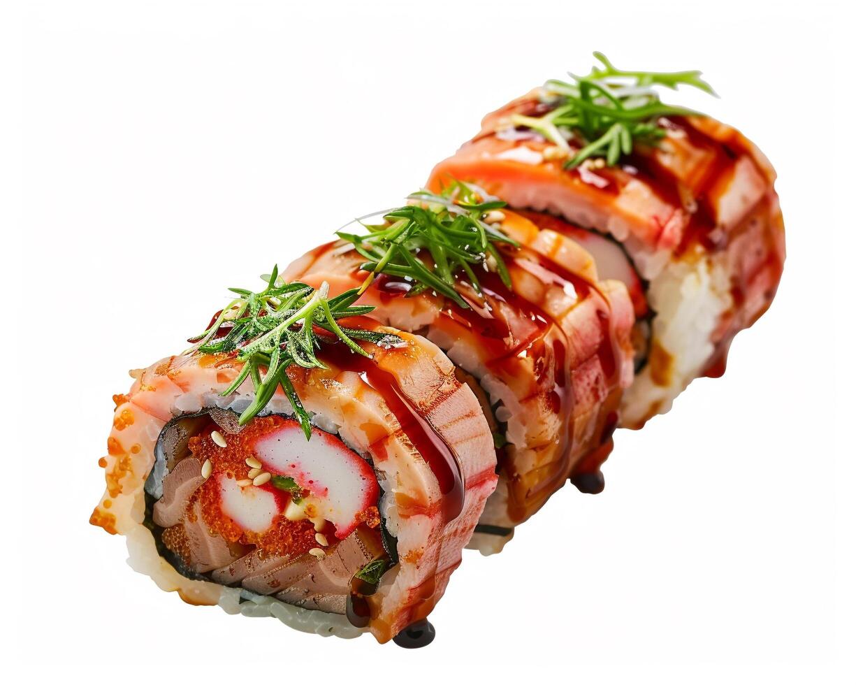 a sushi roll with meat and vegetables on it photo