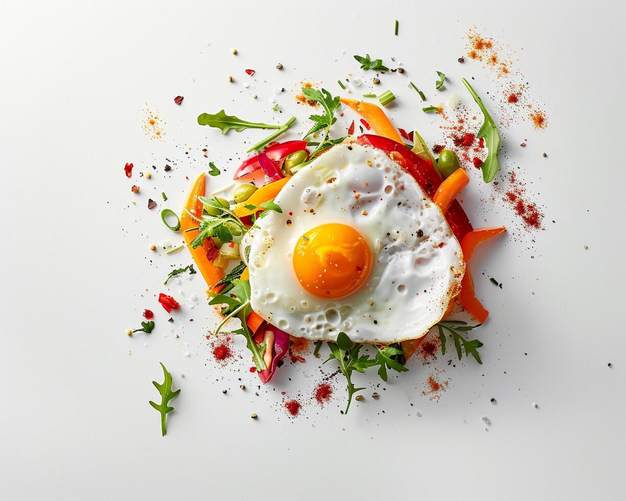fried egg on top of a salad with vegetables photo