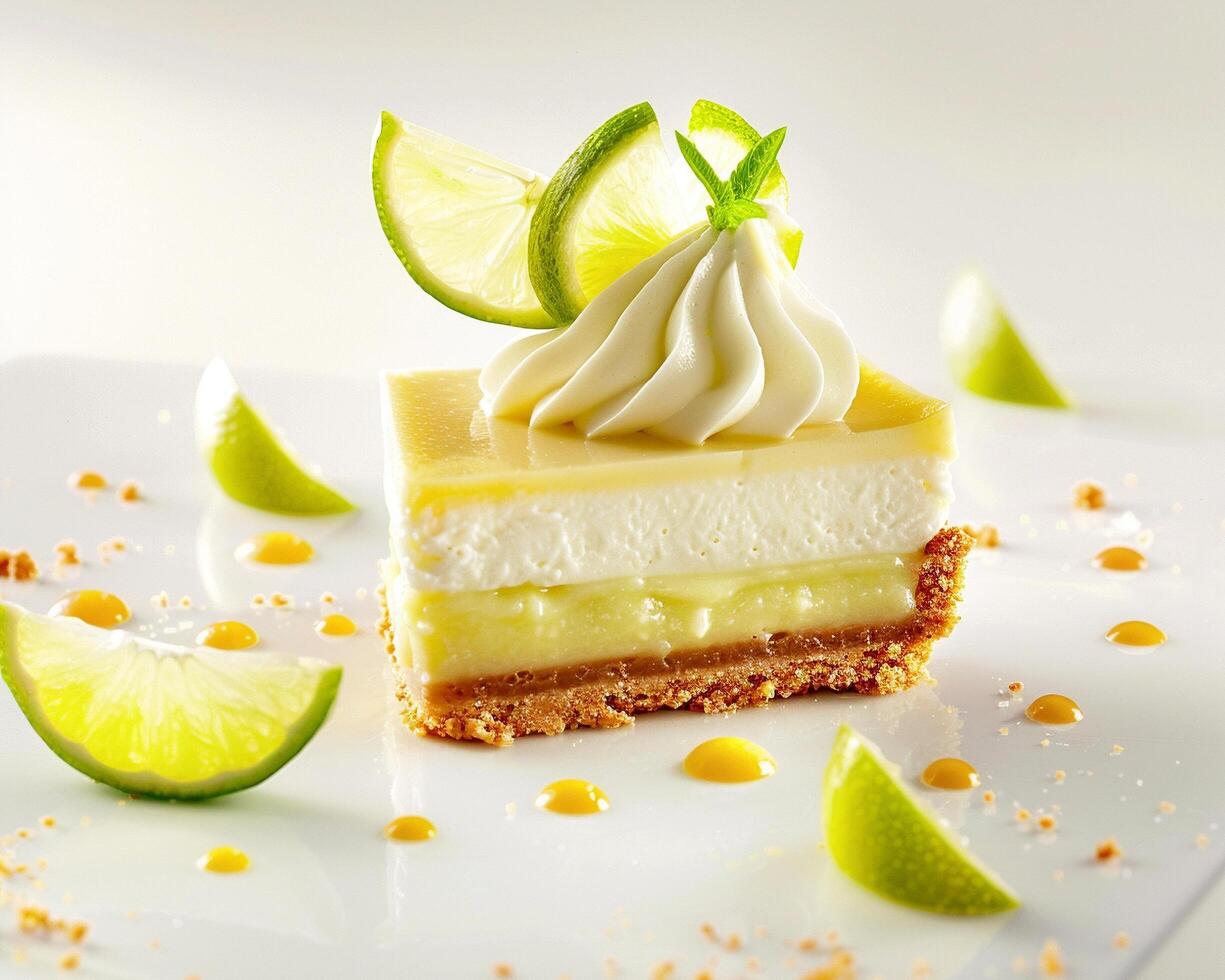 a slice of cake with lime slices on top photo
