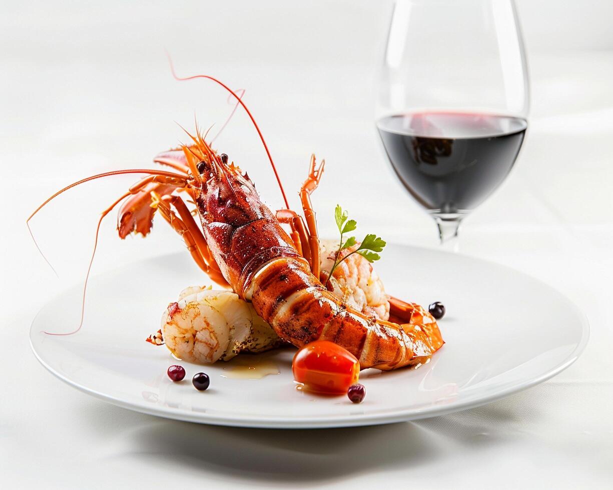 a plate with a lobster and a glass of wine photo